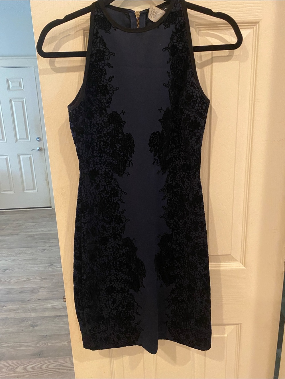 B Darlin Navy Blue Dress with Black Lace Panels